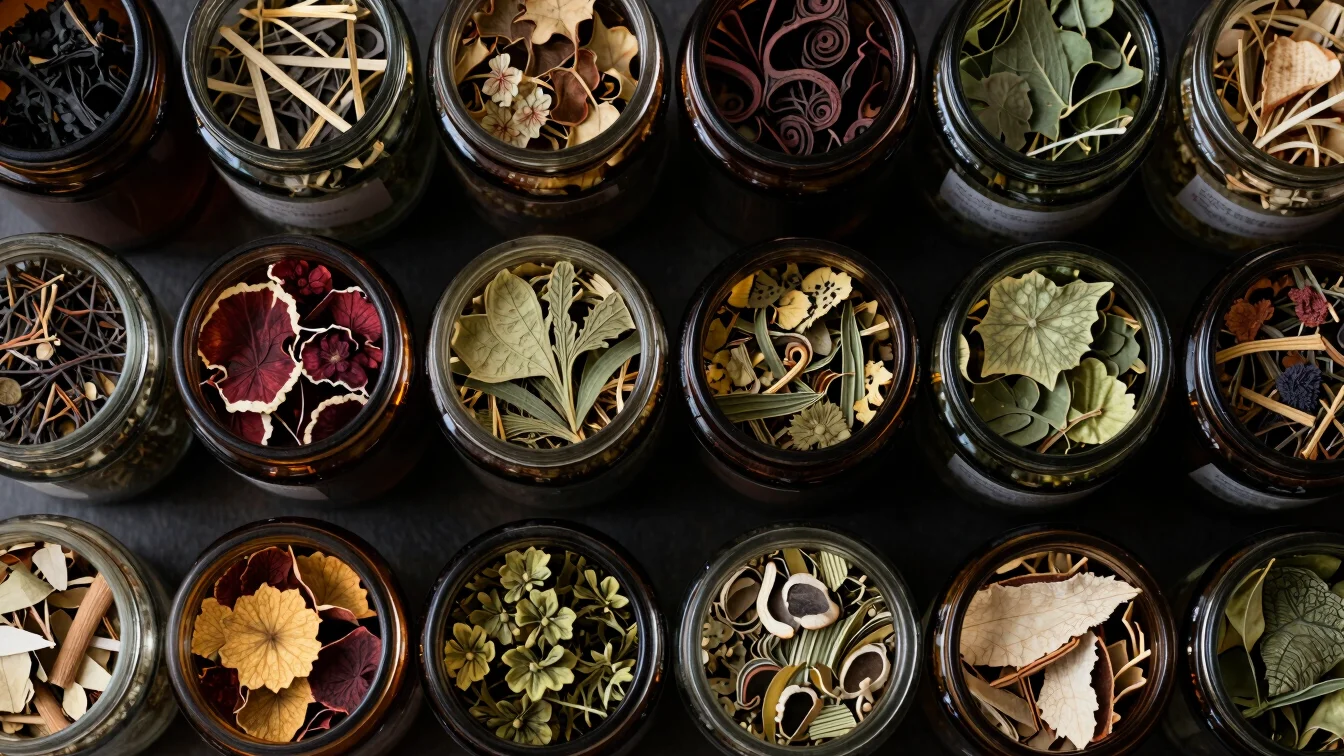 Overhead flatlay of dried herbal blends in apothecary glass jars,