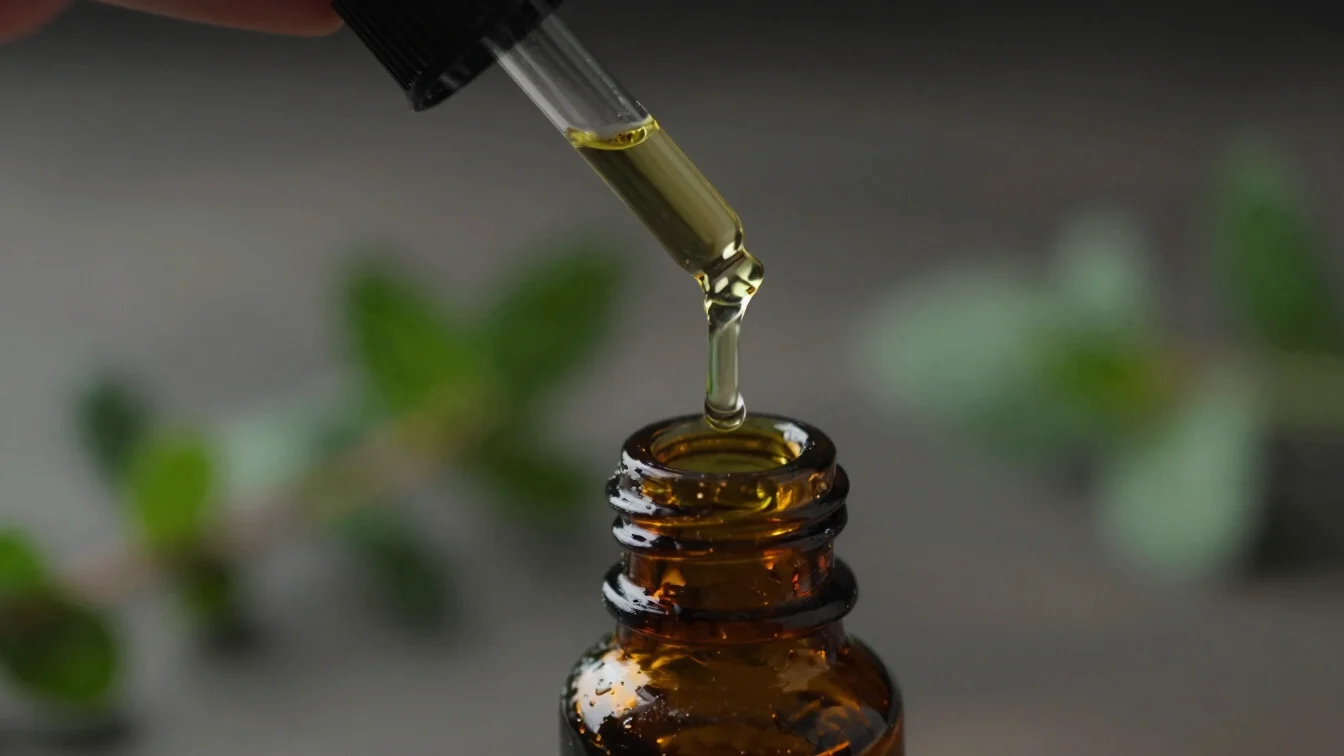 Macro close-up of infused botanical oil pouring from an amber dro