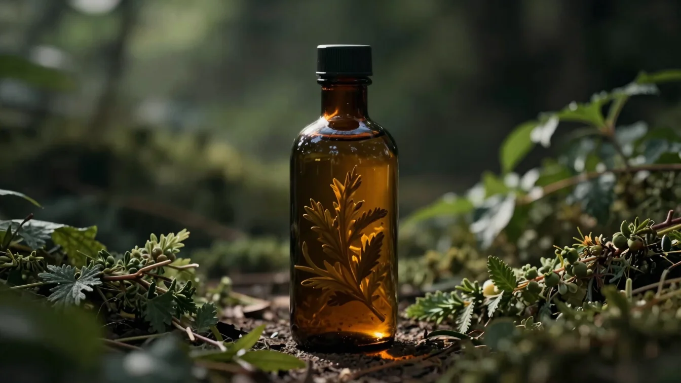 Dark amber glass bottle of infused vinegar with botanical element