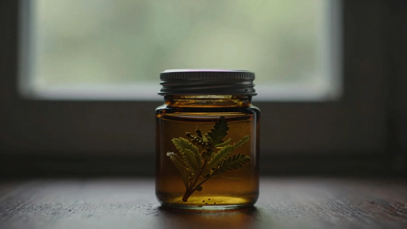 Close-up of a composed mignonette in a small glass jar, soft wind