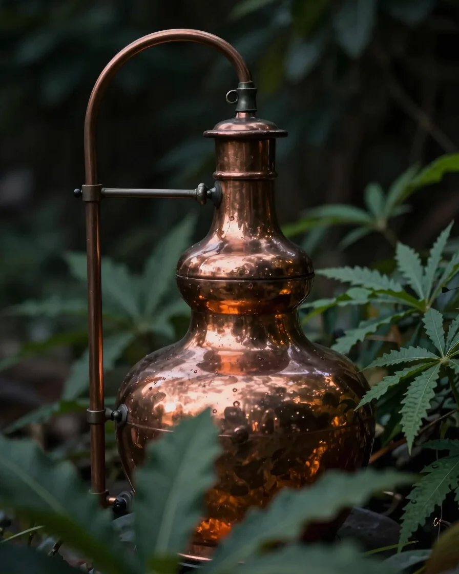 Close-up of a traditional copper still, dark moody lighting, with